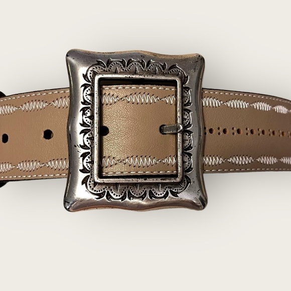 Kathi Kilburn Embellished Leather Belt with Square Silver Buckle in Cream/Beige - Picture 5 of 11